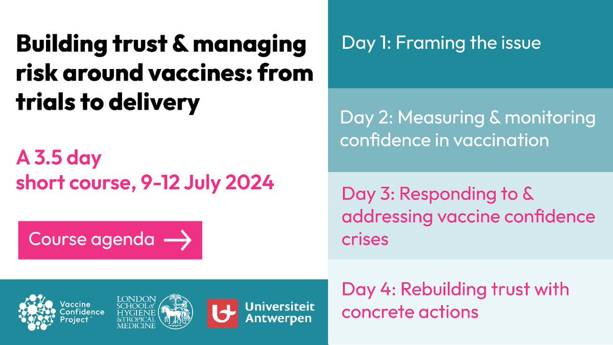 The agenda for our new vaccine confidence short course 👩🏫. Like what you see? Then why not apply for a place! Here for more information & the registration link: uantwerpen.be/en/research-gr… @LSHTM @UAntwerpen @ProfHeidiLarson