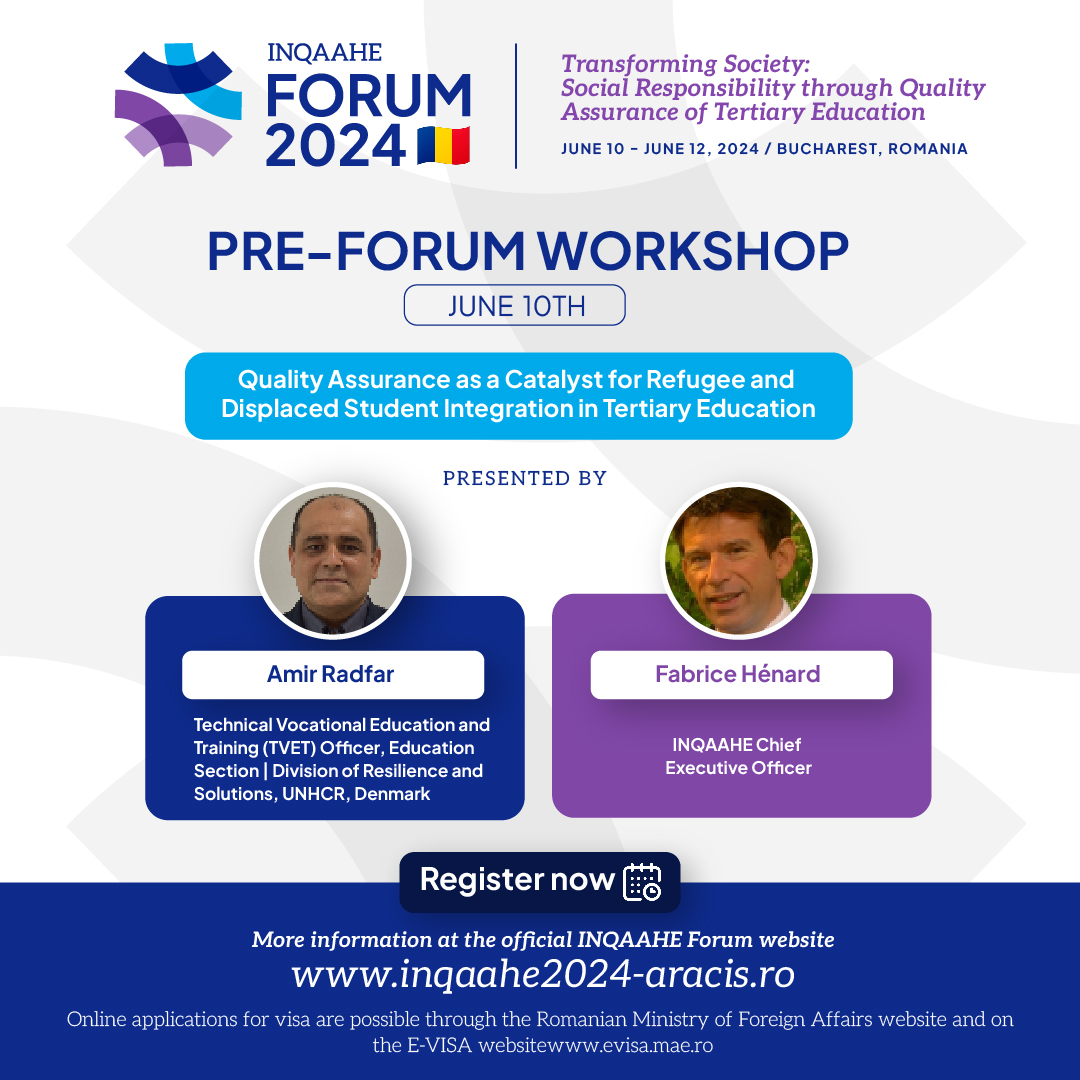 📢 Don’t miss! Pre-Forum workshop on Quality Assurance as a Catalyst for Refugee and Displaced Student Integration in Tertiary Education, facilitated by @FabriceHENARD, INQAAHE CEO, and Amir Radfar, TVET Officer at @Refugees. Explore the workshop details: inqaahe.org/blog/forum-202…