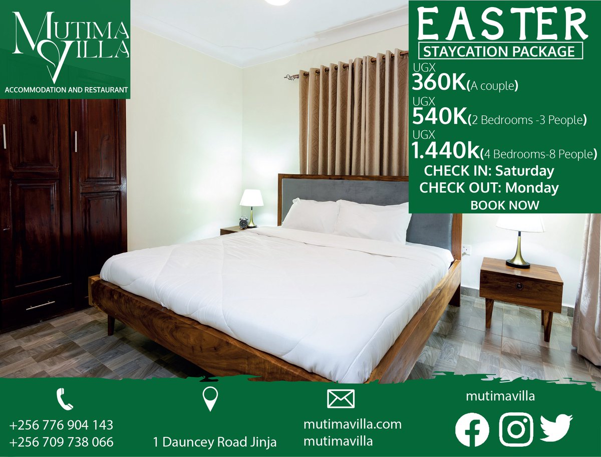 Celebrate this season of renewal and rebirth at Mutima Villa and create memorial moments with your loved ones. Book now Easter Package details: 🐰 Discounted rates 🌼 Free Breakfast 🥚 Discounted Meals Your perfect Easter retreat awaits! 🌟🌷 #EasterGetaway #RenewYourSpirit