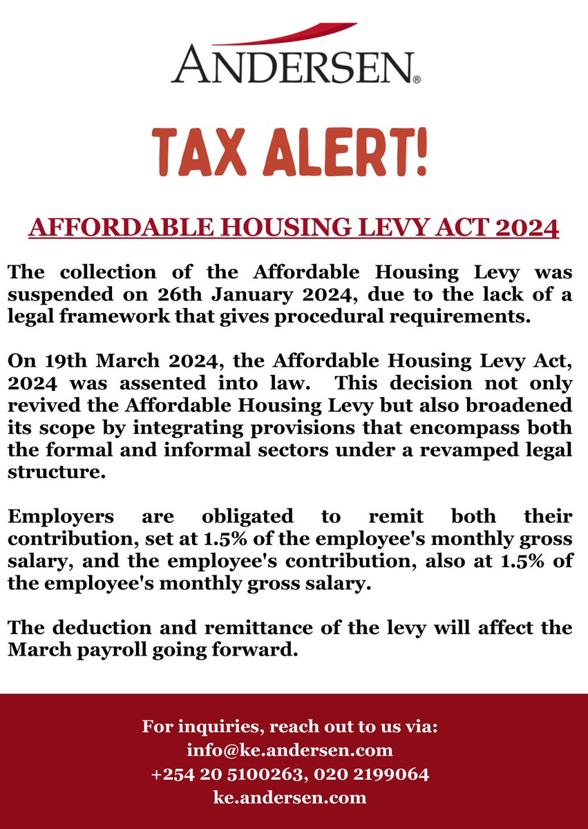On March 19th, 2024, the Affordable Housing Levy Act got presidential assent, reviving the levy which covers both formal and informal sectors under a new legal framework. Deductions start from the March 2024 payroll, going forward.

#AnderseninKenya #TaxAlert