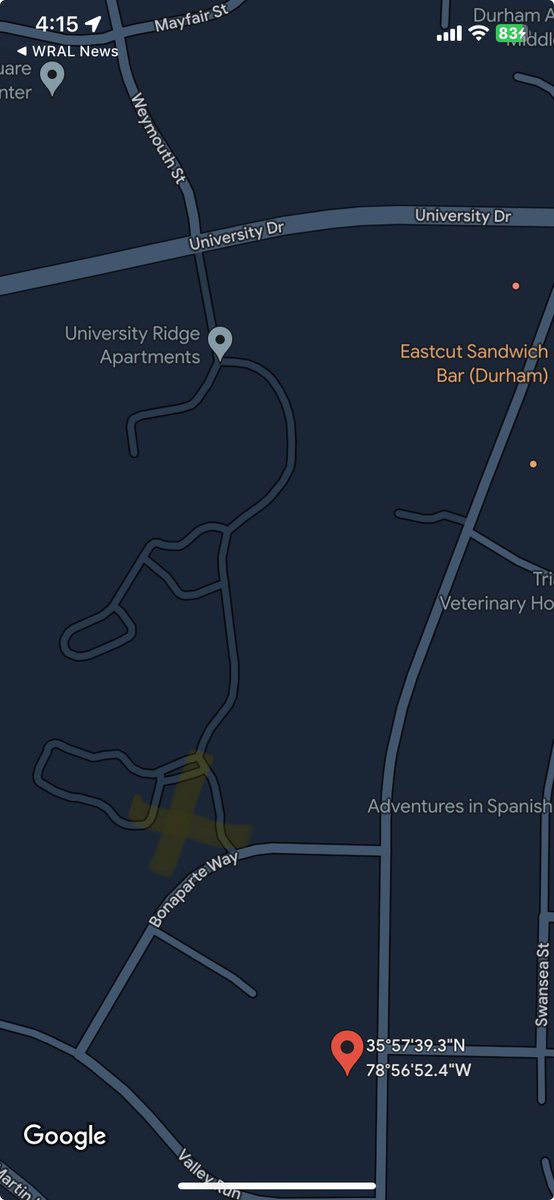 bashora33's tweet image. Why I don’t miss Durham.  The x marks where I used to live, the red pin where someone was just murdered.  Keep it dirty.