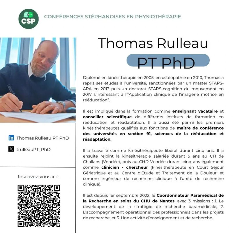 🚨 Conférence invité en #kinésithérapie CE SOIR 🚨 Jeudi 28 mars à 20h #physiothérapie #CognitionDuMouvement à l'IFMK, 29 rue Michèlet, 42000 St-Étienne @trulleauPT_PhD @La_FNEK @AJM_Rambaud