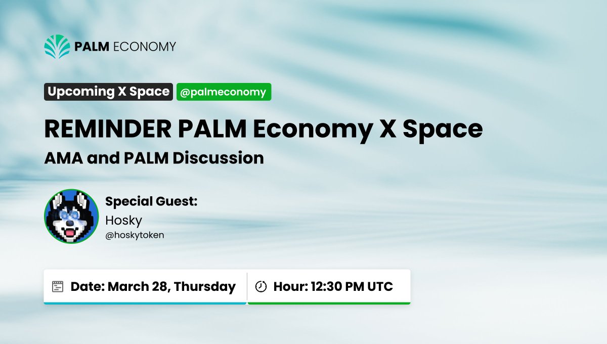 palmeconomy's tweet photo. Fellow #Hosky's, #CardanoGirls and #ADA Community!
Your warmly invited to attend a PALM Economy AMA with @DanielTetsuyama and @hoskytoken with host @blokaid.
Join the discussion about $PALM Economy, #Commodities , #tokenization , #RWA's and more!
Reminder link below 👇 https://t.co/4mqRqS7bqW