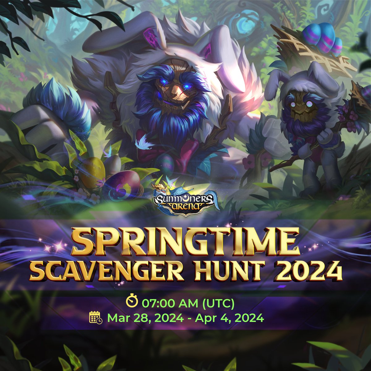 🐰SPRINGTIME SCAVENGER HUNT 2024🥚 Dive into the enchanting world of Summonia this spring for an extraordinary adventure with 'Springtime Scavenger Hunt 2024'! 🎁 Prizes include: - Skin: Wisecedar Easter Egg - Legend, Mythic Scrolls - Epic Equipment chests - Rare resources &…