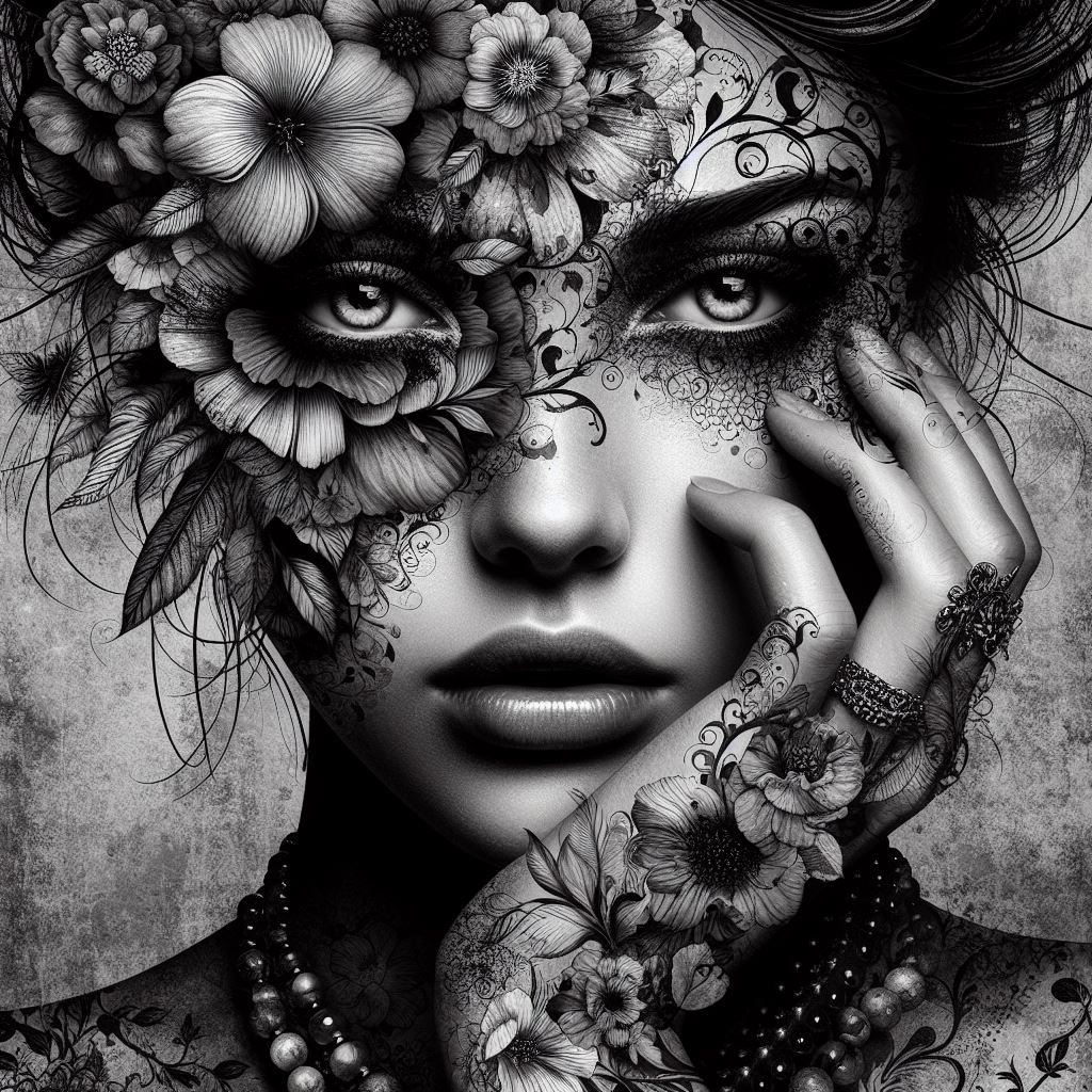 Black and white floral decorated lady...

#aiwoman #blackandwhite #aigeneratedimages #aigeneratedart #AIArtwork #AIArtistCommunity