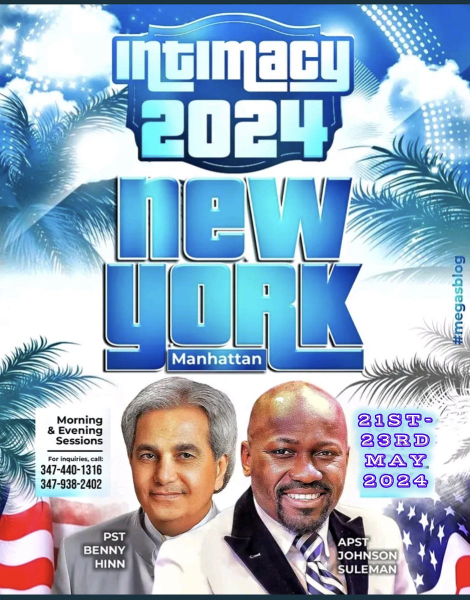 Join ⁦Pastor Benny Hinn and i in New York City,USA on May 21-23rd for one of the most outstanding meetings ever.. It promises to be mind blowing and soul saving… Terrific manifestations of the holy sprit like never before.. Pls pray along with us for this.. Jesus is Lord..
