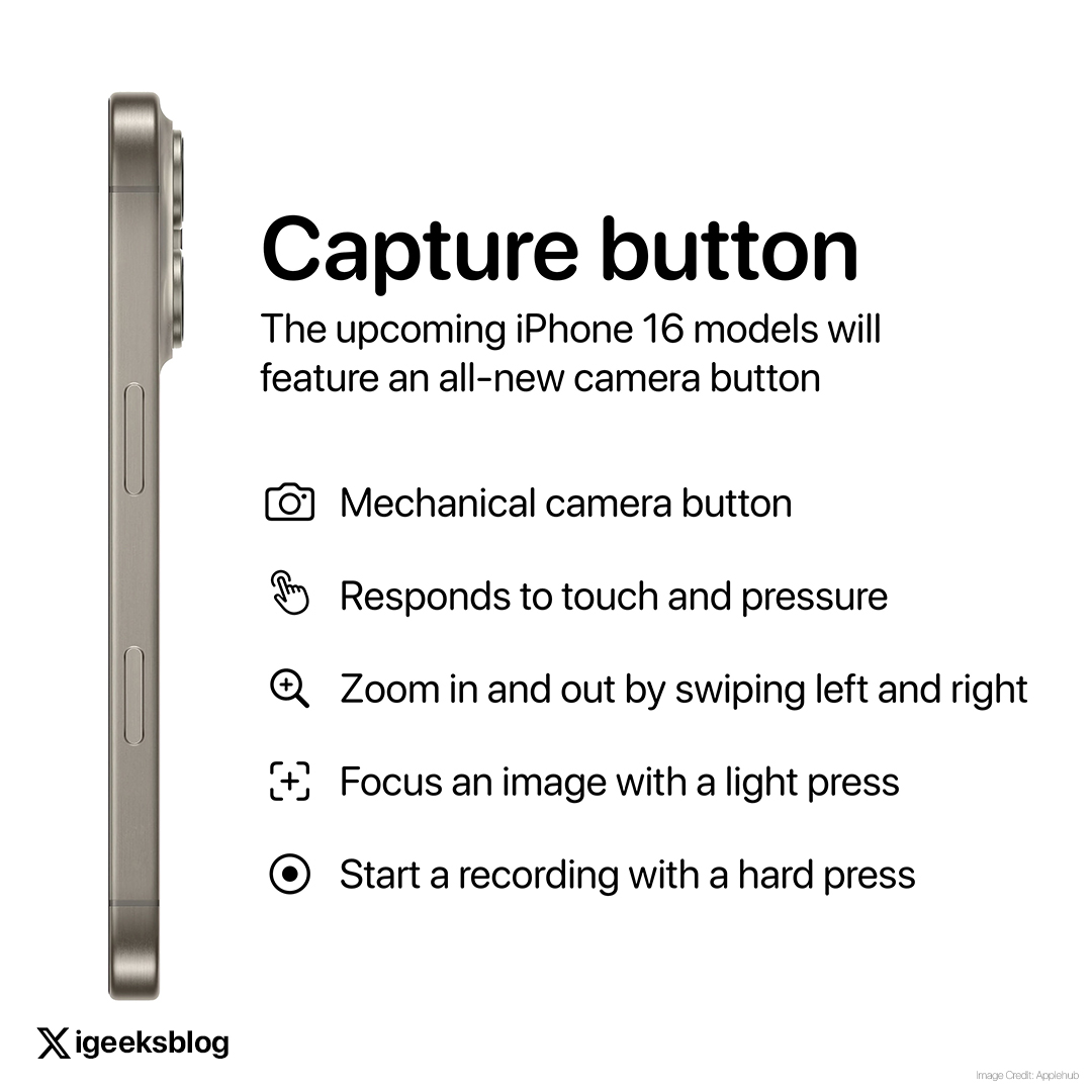 igeeksblog's tweet photo. The iPhone 16 models are expected to include a new "Capture button" 🔥
The new button will be located below the side button
#CaptureButton #iPhone16 https://t.co/xoZMESx01x