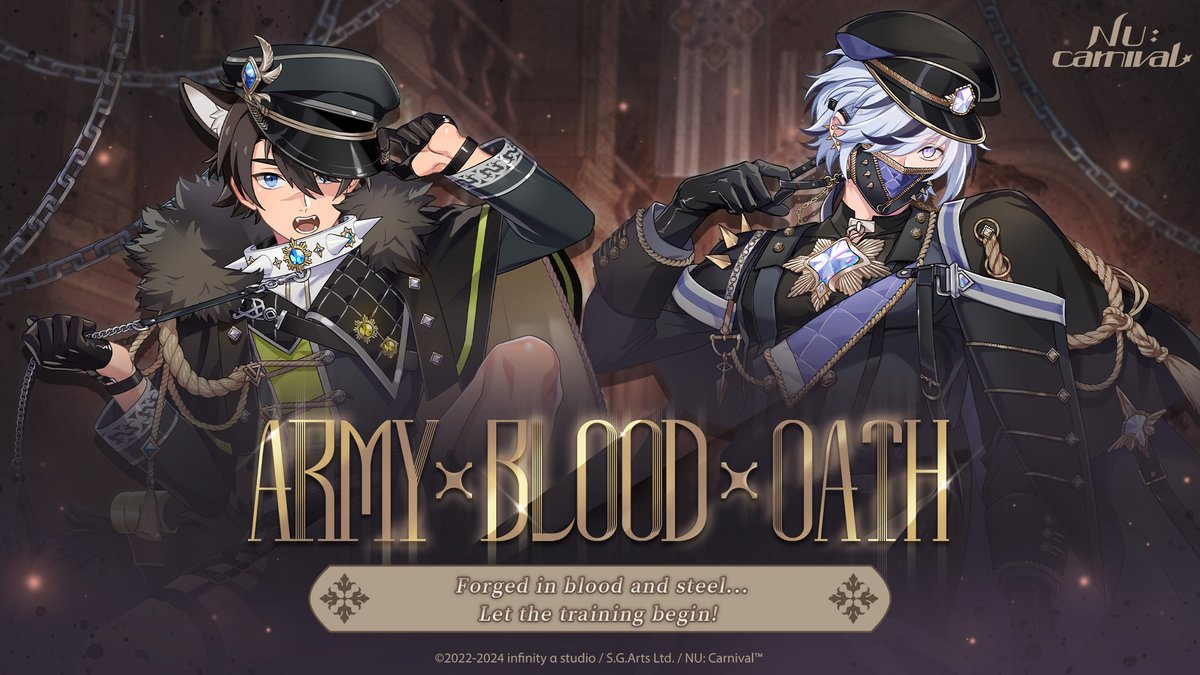 NUCarnivalEn's tweet photo. \⚔️ Army x Blood x Oath - Limited-Time Rerun ⚔️/

⏰ Availability: Today until Apr 18, 12:00 (UTC+8)

Eiden joins Garu and Blade's "secret base" research, and the group comes across an intriguing book. Locked shut and carrying a faint hint of essence, its cover bears a script not of the Klein Continent... 

🔽 Details
https://t.co/BF8zhHB0S6

#NUCarnival #EventRerun #ArmyxBloodxOath #Garu #Blade #Quincy