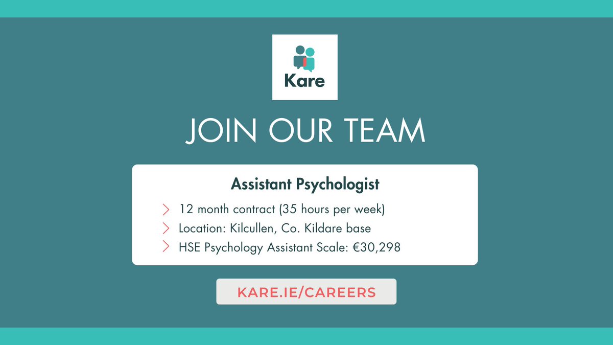 🚨Job alert!📢 We're looking for an Assistant Psychologist to join our Clinical Support Team. Are you enthusiastic about intellectual disabilities and looking to develop your psychology practice and skills in a reflective environment? ➡️ Visit kare.ie/careers for more.