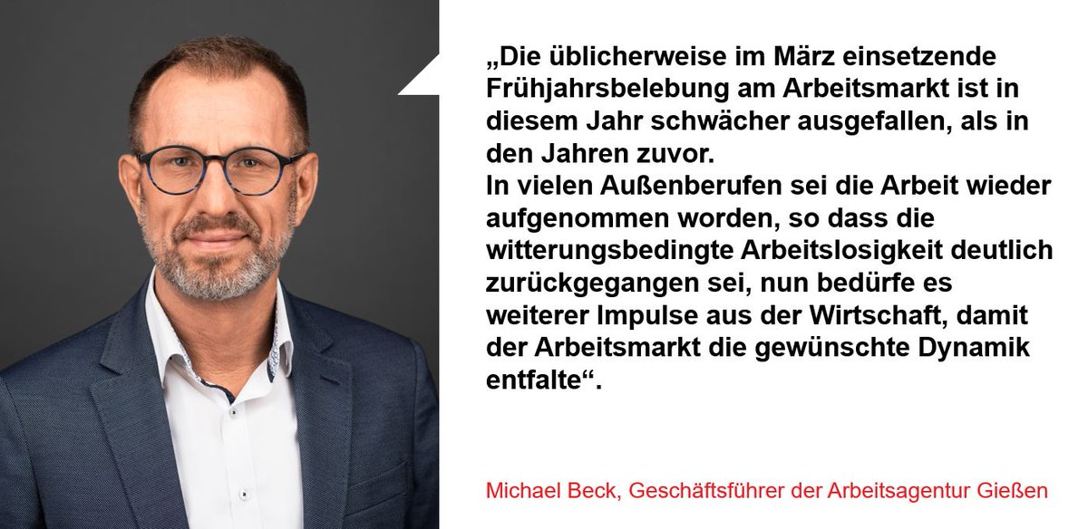 Das Frühjahr belebt dem #Arbeitsmarkt im Bezirk der #Arbeitsagentur #Giessen nur leicht

⏩18.887 Arbeitslose, 276 weniger als im  Vormonat, jedoch 990 mehr als im #März 2023
⏩1.058 neue Arbeitsstellen wurden gemeldet

arbeitsagentur.de/vor-ort/giesse…

#vogelsberg #wetterau #mittelhessen