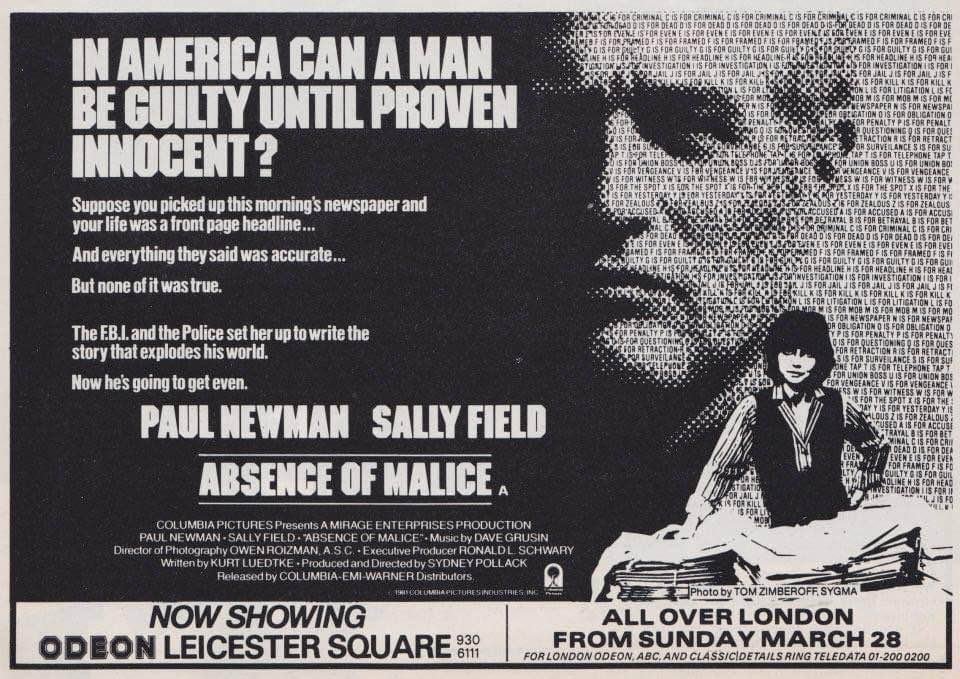Forty-two years ago today, London cinema audiences found out whether a man could be guilty until proven innocent in America... #AbsenceOfMalice #PaulNewman #SallyField #1980s #film #films #SydneyPollack