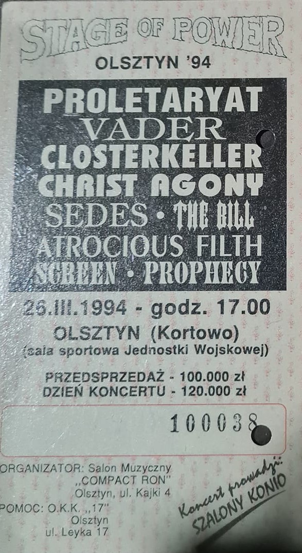 THIS DAY IN VADER: On March 26th 1994 (30 years ago!!!) Vader was playing at 'Stage Of Power' fest in Their home city Olsztyn (Poland). This show took place during 'Sothis' recording session and band was performing with no bass player.