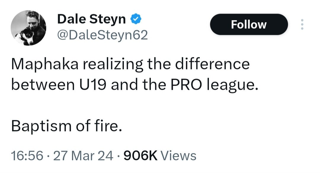 SMH Dale Steyn. Couldn't he throw in words of encouragement for the young Maphaka? I also find it weird that this is the only thing he has ever tweeted about Maphaka . He said nothing when the boy took 21 wickets in 1 tournament (u19 World Cup) , a record BTW....... Strange