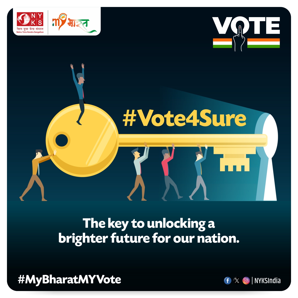 The key to unlocking a brighter future for our nation. Every vote counts towards shaping the tomorrow we envision. Let's make our voices heard and pave the way for progress together. 🗳️ #Vote4Sure #MYBharatMYVote #Youth #NYKS