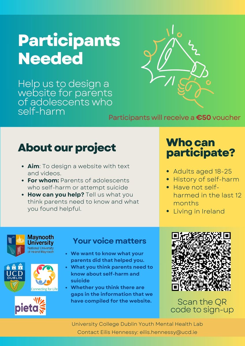 HSE National Office for Suicide Prevention (NOSP) (@nospireland) on Twitter photo Participants – aged 18 to 25 – needed!
From <a href="/UCD_Research/">UCD Research</a> <a href="/MaynoothUni/">Maynooth University</a> & <a href="/PietaHouse/">Pieta</a>
#selfharm #connectingforlife Participants – aged 18 to 25 – needed!
From <a href="/UCD_Research/">UCD Research</a> <a href="/MaynoothUni/">Maynooth University</a> & <a href="/PietaHouse/">Pieta</a>
#selfharm #connectingforlife