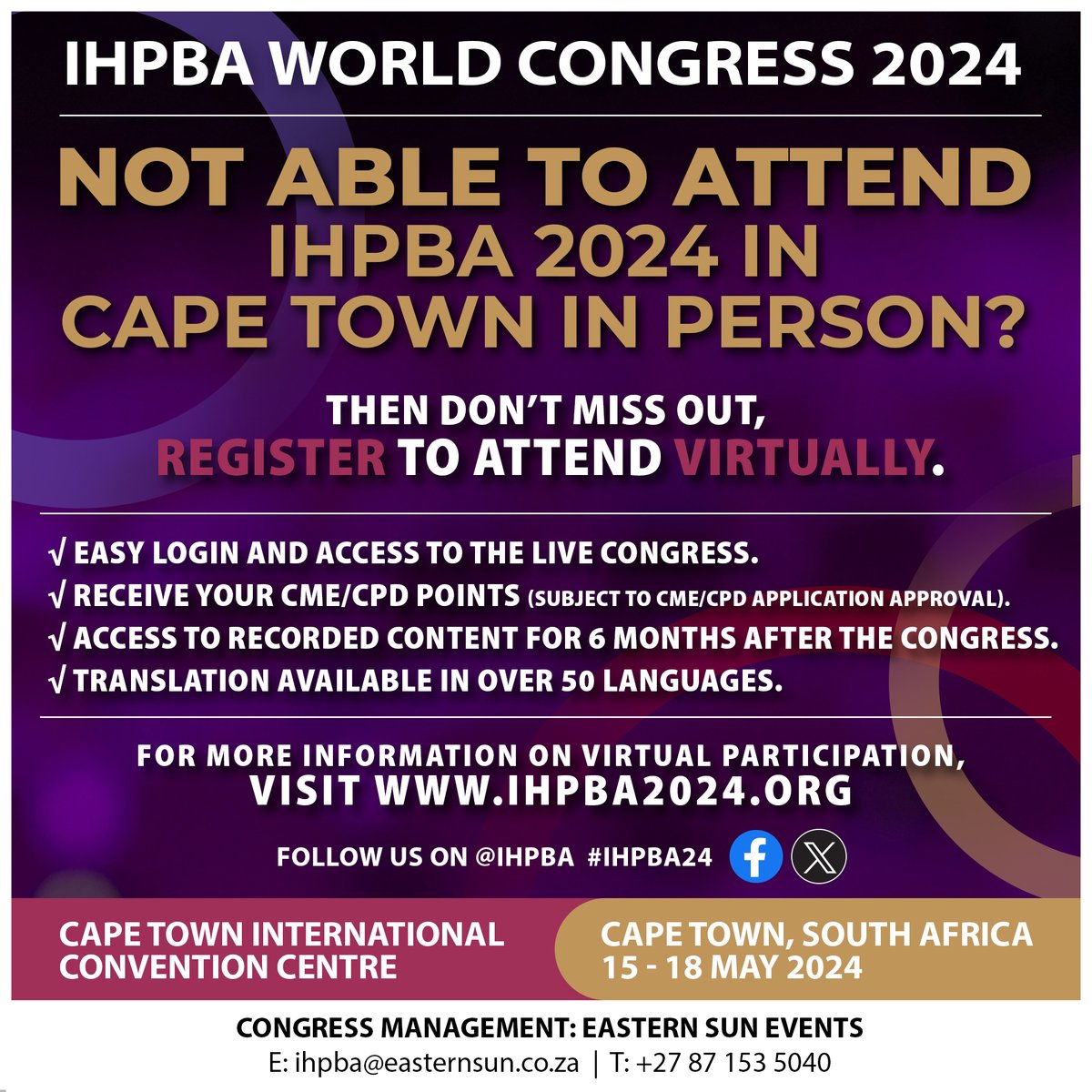 Can't make it to the IHPBA 2024 World Congress in person? Join us virtually and gain access to all the insights, innovation and networking from the comfort of your own space. We're offering virtual translation, ensuring a seamless experience. To register: ihpba2024.org