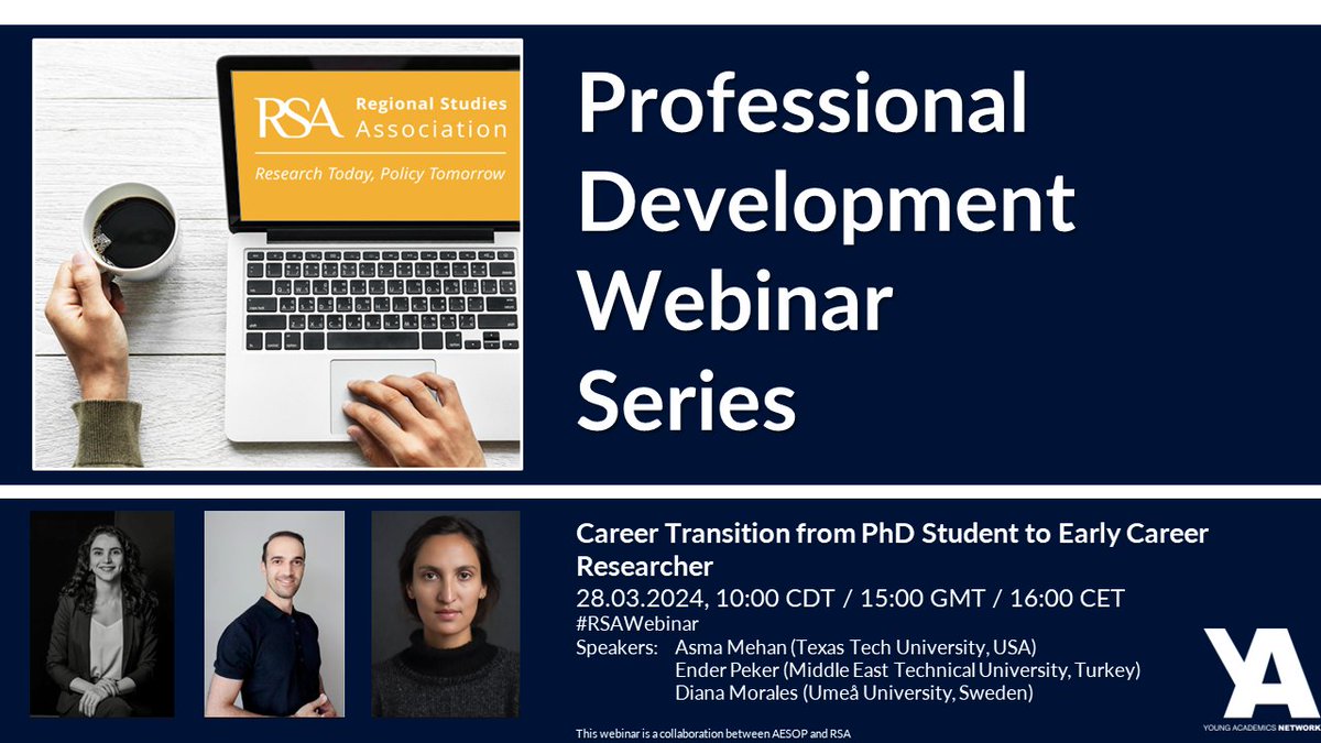 🚨Still time to register for today's 2nd #ProfessionalDevelopment #RSAWebinar in collaboration with <a href="/aesopYA/">AESOP Young Academics</a> chaired by <a href="/DanielaSCarl/">daniela carl</a> &amp; <a href="/SilaCerenVH/">Sila Ceren Varis Husar</a>

➡️Career Transition from #PhD to #ECR 
📢 <a href="/enderpeker_/">Ender Peker</a>  <a href="/asmamehan/">asmamehan</a>  Diana Morales

3pm GMT / 4pm CET

💻bit.ly/profdev24