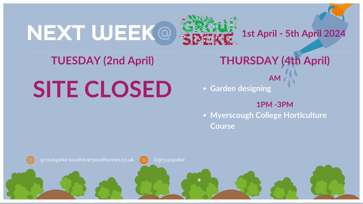 Just to let you know - we will be closed next Tuesday (2nd April) after the Easter holidays. We'll be open again on Thursday (4th April), when we'll be doing some garden designing.