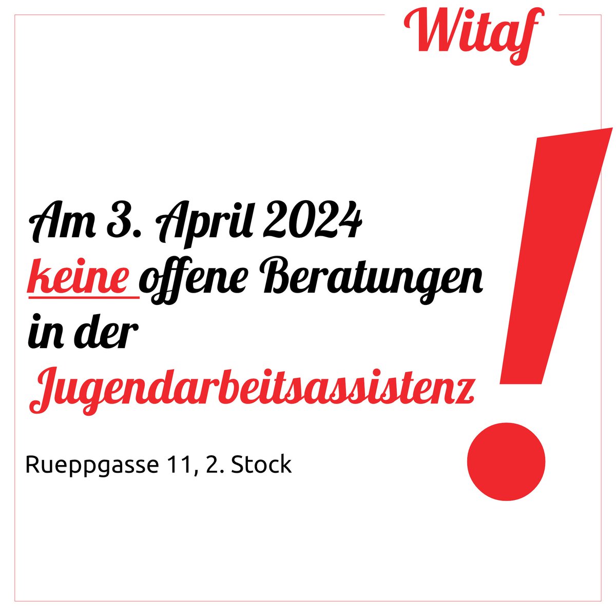 ⚠️  Am Mittwoch , 3. April 2024, ist keine offene Beratung in der Jugendarbeitsassistenz im 2. Stock, Rueppgasse 11!.

Die nächste offene Beratung in der Jugendarbeitsassistenz ist am 10. April 2024.

🚩 Im 3. Stock ist offene Beratung 🚩