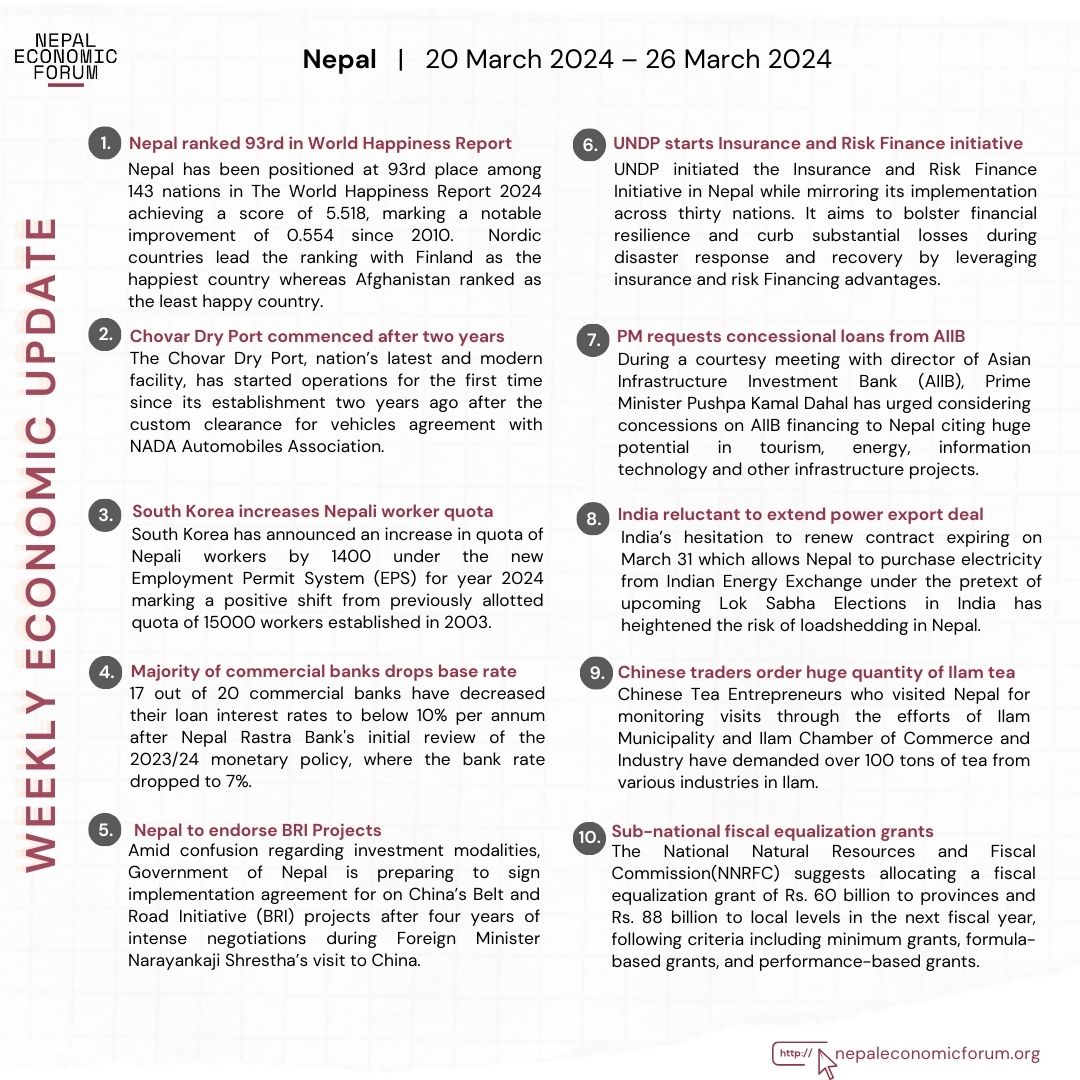 Stay informed with our Weekly Economic Update (March 20, 2024 - March 26, 2024)! Dive into the latest economic insights and explore the sources behind the news at shorturl.at/MSXY1

#nepaleconomicforum #economicupdates #WEU #NEF2024 #Nepal #economy