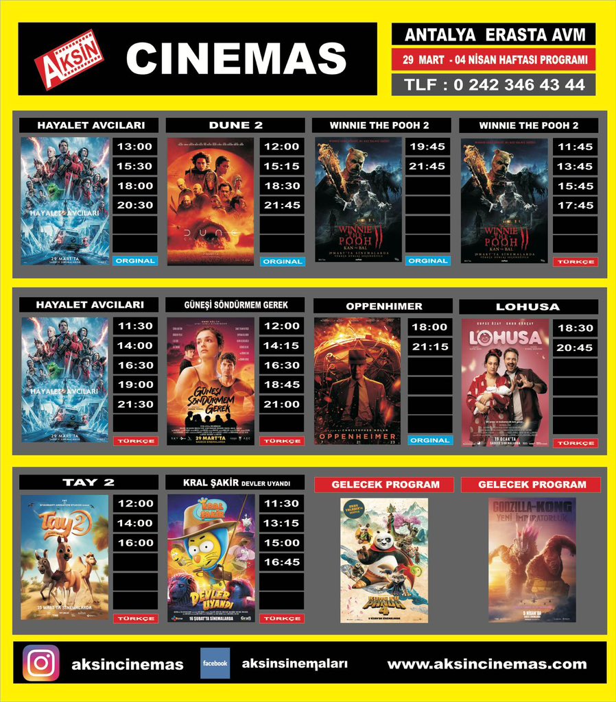 erastaavm's tweet photo. Aksin sinemasında 29 Mart - 04 Nisan haftası film programı 🎬 @aksincinemas #erastaantalyaavm #sinema #açıkhava #temizhava #patidostuavm #antalya https://t.co/7t42U9hRtN