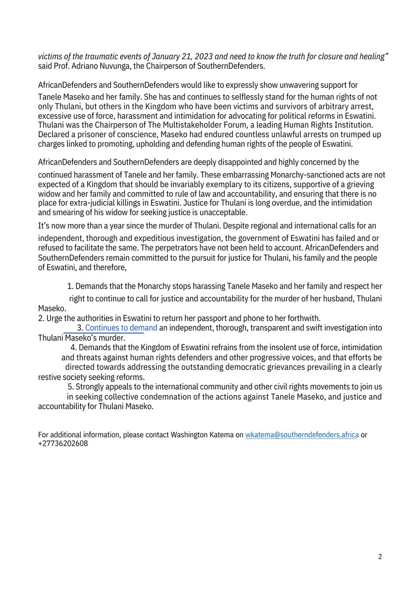 United with @AfricaDefenders to condemn the ongoing harassment faced by the Maseko family by Eswatini Authorities. We demand justice, accountability, & an end to the intimidation. We invite you to add your signature to the #JusticeForThulani petition: change.org/p/justiceforth…