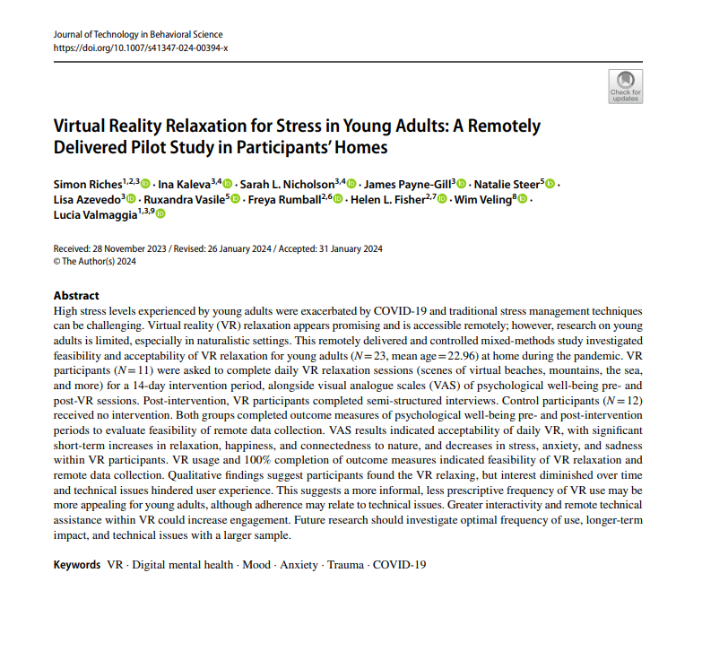 Simon Riches (@sjriches) on Twitter photo Our new article 'Virtual Reality Relaxation for Stress in Young Adults: A Remotely Delivered Pilot Study in Participants’ Homes' out now and open access <a href="/JTiBS_journal/">Journal of Technology in Behavioral Science</a>
#VirtualReality #VR #XR
#mentalhealth #Wellbeing
#TechForGood #digitalmentalhealth
link.springer.com/article/10.100… Our new article 'Virtual Reality Relaxation for Stress in Young Adults: A Remotely Delivered Pilot Study in Participants’ Homes' out now and open access <a href="/JTiBS_journal/">Journal of Technology in Behavioral Science</a>
#VirtualReality #VR #XR
#mentalhealth #Wellbeing
#TechForGood #digitalmentalhealth
link.springer.com/article/10.100…