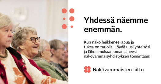 Kun näkö heikkenee, apua ja tukea on tarjolla. Alueyhdistyksillä on ympäri Suomen toimintaa ja vertaisryhmiä. Meillä on myös valtakunnallisia yhdistyksiä, joihin voit liittyä ammatin, harrastuksen tai muun kiinnostuksen perusteella. Tule mukaan! 👉🏼nakovammaistenliitto.fi/fi/jasenyhdist…