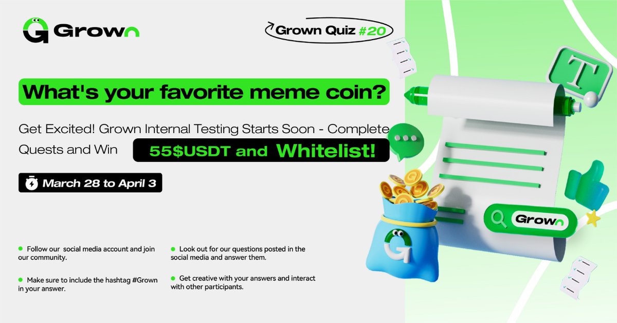 Grown (@grown_app) on Twitter photo What's your favorite #memecoins ?
Complete <a href="/taskonxyz/">TaskOn | Ultimate Web3 Community Growth Platform</a> tasks to qualify for:
💸 Share $55 #USDT + 5 #Whitelists
Enter here:rewards.taskon.xyz/campaign/detai…
📆 28 Mar-3 April2024 What's your favorite #memecoins ?
Complete <a href="/taskonxyz/">TaskOn | Ultimate Web3 Community Growth Platform</a> tasks to qualify for:
💸 Share $55 #USDT + 5 #Whitelists
Enter here:rewards.taskon.xyz/campaign/detai…
📆 28 Mar-3 April2024