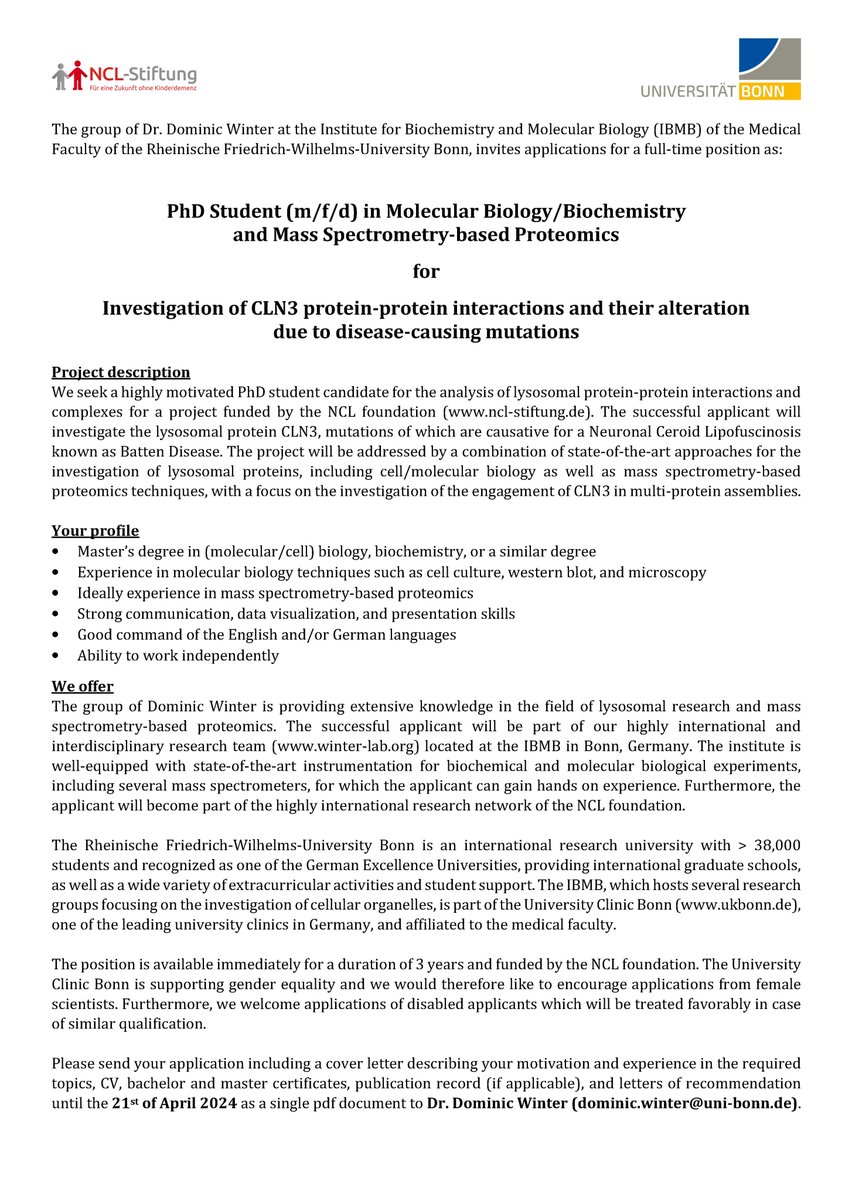 We are hiring! We are looking for a PhD student to join our team for a @nclStiftung funded project on CLN3 protein interactions using proteomics and cell/molecular biology. Come join us, it will be fun!😀 More details here: ibmb.uni-bonn.de/de/forschung/a… 
Please share/retweet!