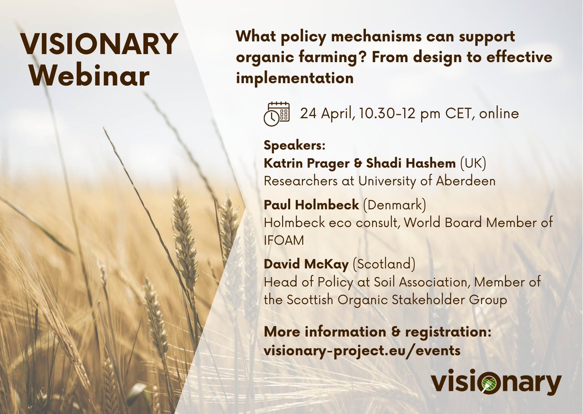 Join us for our first #VISIONARY webinar to find out how to unlock the power of #policy in driving #organic #farming expansion:
visionary-project.eu/events/visiona…

With <a href="/katrin_prager/">Katrin Prager</a> <a href="/Shadi65250278/">Shadi Hashem</a> <a href="/SoilAssocScot/">Soil Association Scotland</a> <a href="/BEATLES_EU/">BEATLES project EU</a> <a href="/ENFASYS1/">ENFASYS</a>