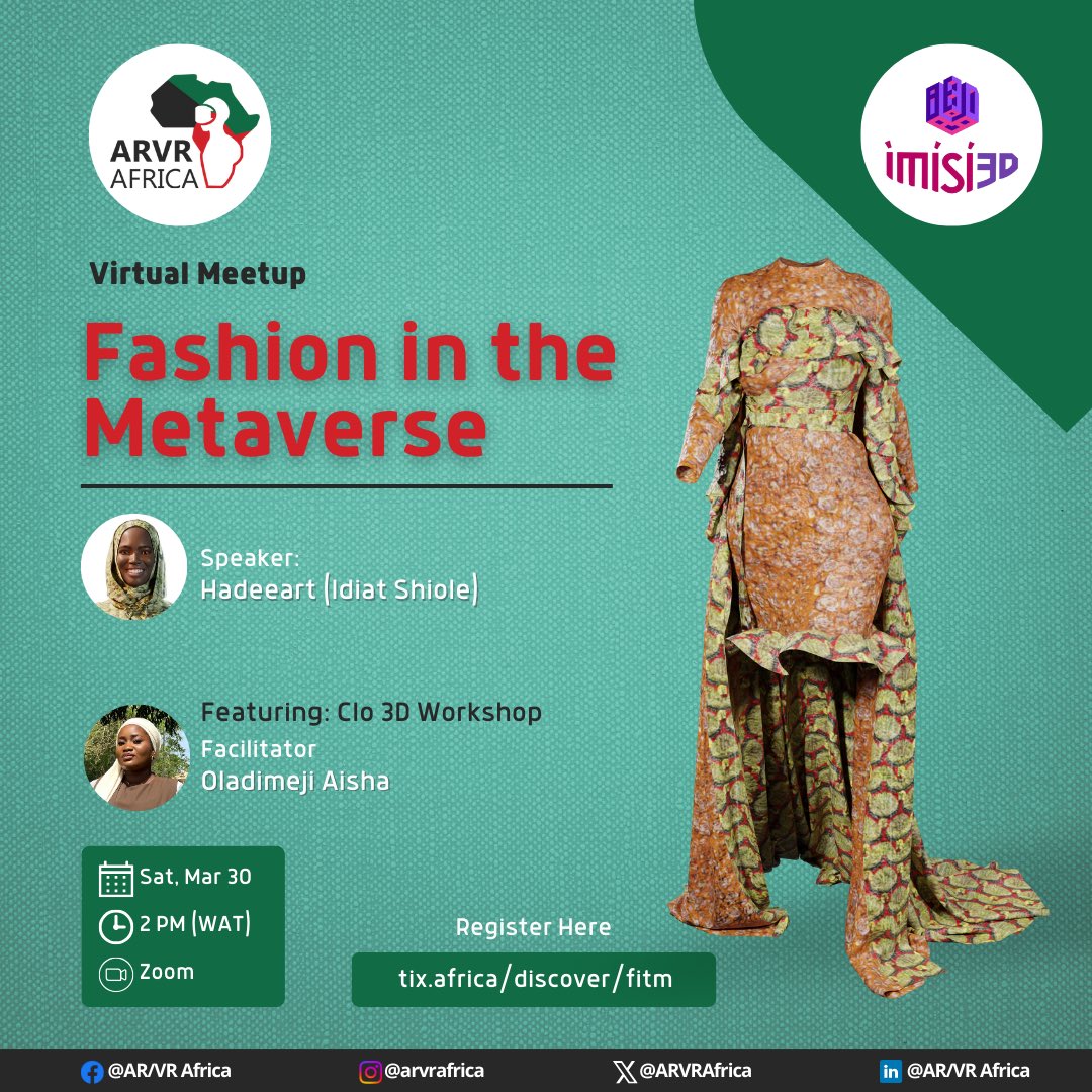 We’re not done for March, folks!😁 Join us on Zoom in less than 48 hours to explore fashion with an XR twist 🥳 🔊 @hadeeart 🛠️ @a_ainsha Register here tix.africa/fitm Share! Share!! Share!!! 📅 Sat, March 30 ⏰ 2pm (WAT) 🎯 Zoom See you in a bit!