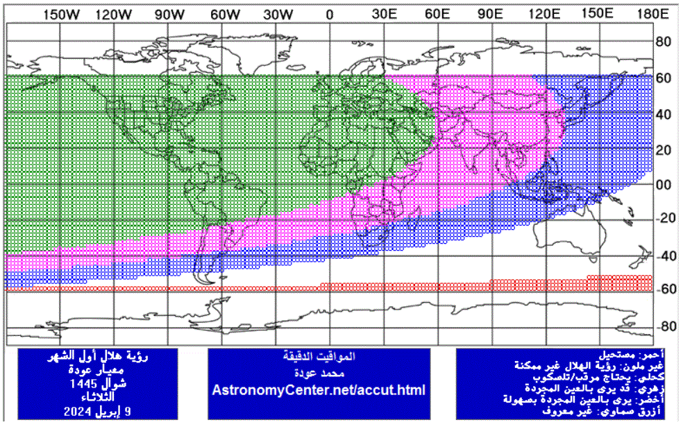 AstronomyCenter's tweet photo. باعتماد رؤية الهلال: الأربعاء 10 نيسان/إبريل عيد الفطر السعيد

بدأت بعض الدول شهر رمضان يوم الإثنين 11 آذار/مارس 2024م، وهذه الدول ستتحرى هلال العيد يوم الإثنين 08 نيسان/إبريل، في حين بدأت دول أخرى شهر رمضان يوم الثلاثاء 12 مارس، ومنها إندونيسيا وماليزيا وبروناي والهند وبنغلادش وباكستان وإيران وعُمان والأردن وليبيا والمغرب، وهذه الدول ستتحرى هلال العيد يوم الثلاثاء 09 إبريل، الموافق للتاسع والعشرين من شهر رمضان فيها. 

فأما بالنسبة للدول التي ستتحرى الهلال يوم الإثنين 08 إبريل، فإن رؤيته في ذلك اليوم مستحيلة لغروب القمر قبل الشمس ولحدوث الاقتران بعد غروب الشمس، وبالتالي ستكمل هذه الدول عدة شهر رمضان ثلاثين يوما، ليكون يوم الأربعاء 10 إبريل عيد الفطر السعيد فيها. 

وأما بالنسبة للدول التي ستتحرى الهلال يوم الثلاثاء 09 إبريل، فإن رؤية الهلال في ذلك اليوم ممكنة باستخدام التلسكوب من شرق العالم ومن جنوب أفريقيا، وهي ممكنة بالعين المجردة بصعوبة من وسط آسيا ووسط القارة الأفريقية، ورؤية الهلال ممكنة بالعين المجردة بسهولة نسبيا من غرب آسيا، وشمال أفريقيا، ومعظم أوروبا ومعظم القارتين الأمريكيتين. وعليه من المتوقع أن تعلن جل هذه الدول رؤية الهلال يومئذ، ليكون يوم الأربعاء 10 إبريل عيد الفطر السعيد فيها أيضا. ولا يستبعد أن تعلن كلا من الهند وبنغلادش عدم ثبوت رؤية الهلال يوم الثلاثاء ليكون يوم الخميس 11 إبريل عيد الفطر فيها.

وبالنسبة لوضع الهلال يوم الثلاثاء 09 إبريل في بعض المدن العربية والإسلامية، فإن الحسابات السطحية للهلال وقت غروب الشمس كما يلي: في جاكرتا يغيب القمر بعد 29 دقيقة من غروب الشمس، وعمره 16 ساعة و58 دقيقة، والرؤية ممكنة باستخدام التلسكوب. في أبوظبي يغيب القمر بعد 51 دقيقة من غروب الشمس، وعمره 19 ساعة و35 دقيقة. في الرياض يغيب القمر بعد 53 دقيقة من غروب الشمس، وعمره 20 ساعة. في عمّان والقدس يغيب القمر بعد 60 دقيقة من غروب الشمس، وعمره 20 ساعة و38 دقيقة. في القاهرة يغيب القمر بعد 59 دقيقة من غروب الشمس، وعمره 20 ساعة و47 دقيقة. في الرباط يغيب القمر بعد 69 دقيقة من غروب الشمس، وعمره 22 ساعة و57 دقيقة. والرؤية في أبوظبي والرياض وعمّان والقدس والقاهرة والرباط ممكنة بالعين المجردة في حالة صفاء الغلاف الجوي. 

ولمعرفة معاني هذه الأرقام تجدر الإشارة إلى أن أقل مكث لهلال أمكنت رؤيته بالعين المجردة كان 29 دقيقة، أما أقل عمر هلال أمكنت رؤيته بالعين المجردة فكان 15 ساعة و33 دقيقة، ولا يكفي أن يزيد مكث الهلال وعمره عن هذه القيم لتمكن رؤيته، إذ أن رؤية الهلال متعلقة بعوامل أخرى كبعده الزاوي عن الشمس وبعده عن الأفق وقت رصده.

وللتعرف على نتائج رصد الهلال، يمكن زيارة موقع المشروع الإسلامي لرصد الأهلة التابع لمركز الفلك الدولي على شبكة الإنترنت على العنوان (https://t.co/DIM0L3Ep6x  )، حيث أنشئ المشروع عام 1998م ويضم حاليا أكثر من 1500 عضو من علماء ومهتمين برصد الأهلّة وحساب التقاويم. هذا ويشجع المشروع المهتمين في مختلف دول العالم على تحري الهلال وإرسال نتائج رصدهم إلى المشروع عن طريق موقعه على شبكة الإنترنت، حيث تنشر تباعا بعد تدقيقها وتمحيصها.

الخارطة المرفقة تبين مدى إمكانية رؤية هلال شهر شوال يوم الثلاثاء 09 إبريل من جميع مناطق العالم، بحيث أن:
- رؤية الهلال مستحيلة من المناطق الواقعة في اللون الأحمر لغروب القمر قبل الشمس أو/و لحدوث الاقتران السطحي بعد غروب الشمس. 
- رؤية الهلال غير ممكنة بالتلسكوب أو بالعين المجردة من المناطق غير الملونة.
- رؤية الهلال ممكنة فقط باستخدام التلسكوب من المناطق الواقعة في اللون الأزرق. 
- رؤية الهلال ممكنة باستخدام التلسكوب من المناطق الواقعة في اللون الزهري، ومن الممكن رؤية الهلال بالعين المجردة في حالة صفاء الغلاف الجوي التام والرصد من قبل راصد متمرس. 
- رؤية الهلال ممكنة بالعين المجردة من المناطق الواقعة في اللون الأخضر.

المهندس محمد شوكت عودة
مدير مركز الفلك الدولي

مزيد من المعلومات على هذا الرابط:
https://t.co/hycm3SCMsX