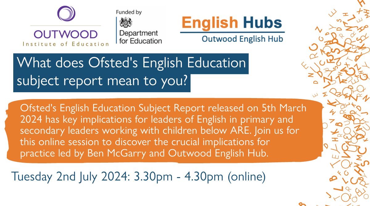 outwoodeh's tweet image. 📢Calling all English Leaders in primary and secondary working with pupils who are working below age-related expectations in English.📢

Book your free place now
👇 👇 👇 👇 👇 
bit.ly/3VAJrxY