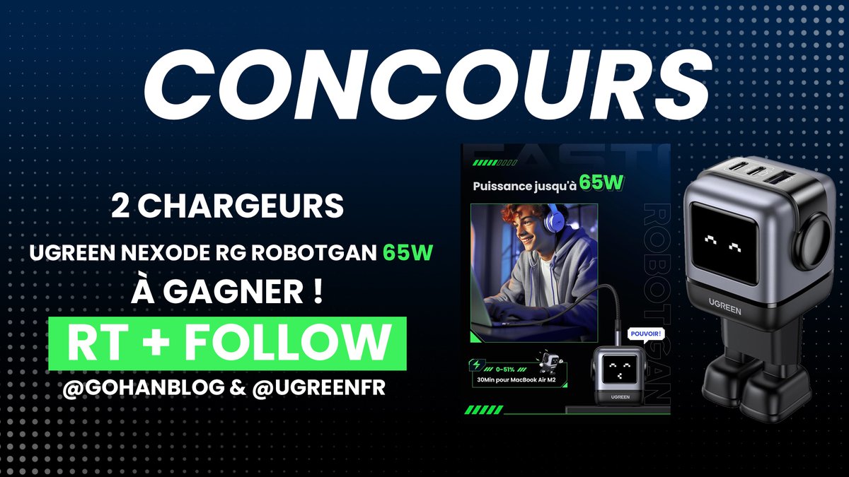 🎁CONCOURS🎁 🔃 RT + Follow @GohanBlog & @UgreenFR pour gagner ton chargeur Nexode RG RobotGan 65W (valeur de 49,99€). 👉 2 gagnants 📅 Fin du concours le 11 avril 2024 à minuit. Bonne chance, bisous.