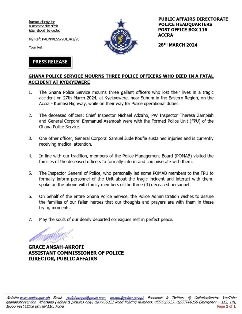 NEWS RELEASE: GHANA POLICE SERVICE MOURNS THREE POLICE OFFICERS WHO DIED IN A FATAL ACCIDENT AT KYEKYEWERE