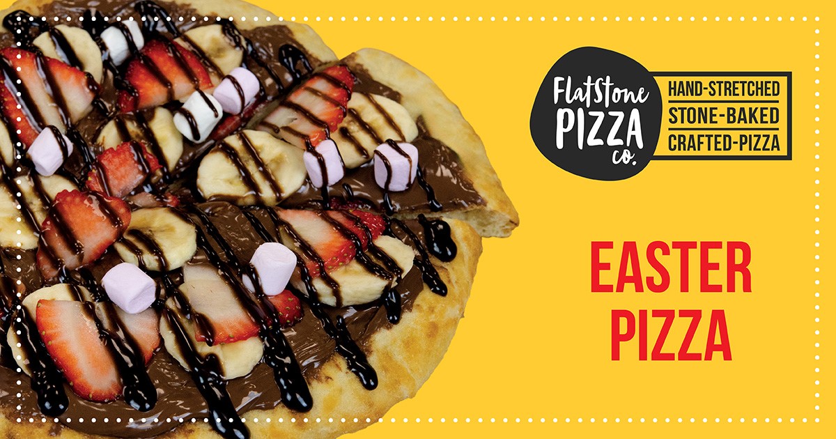 Easter calls for indulgence. Why not create a delicious dessert with a twist? Here is some inspo from Flatstone Pizza Co. to get you started! 👇 A perfectly hand-stretched base topped with rich Nutella, fresh fruits, and mini marshmallows! 🍌🍓🍫 What toppings would you choose?