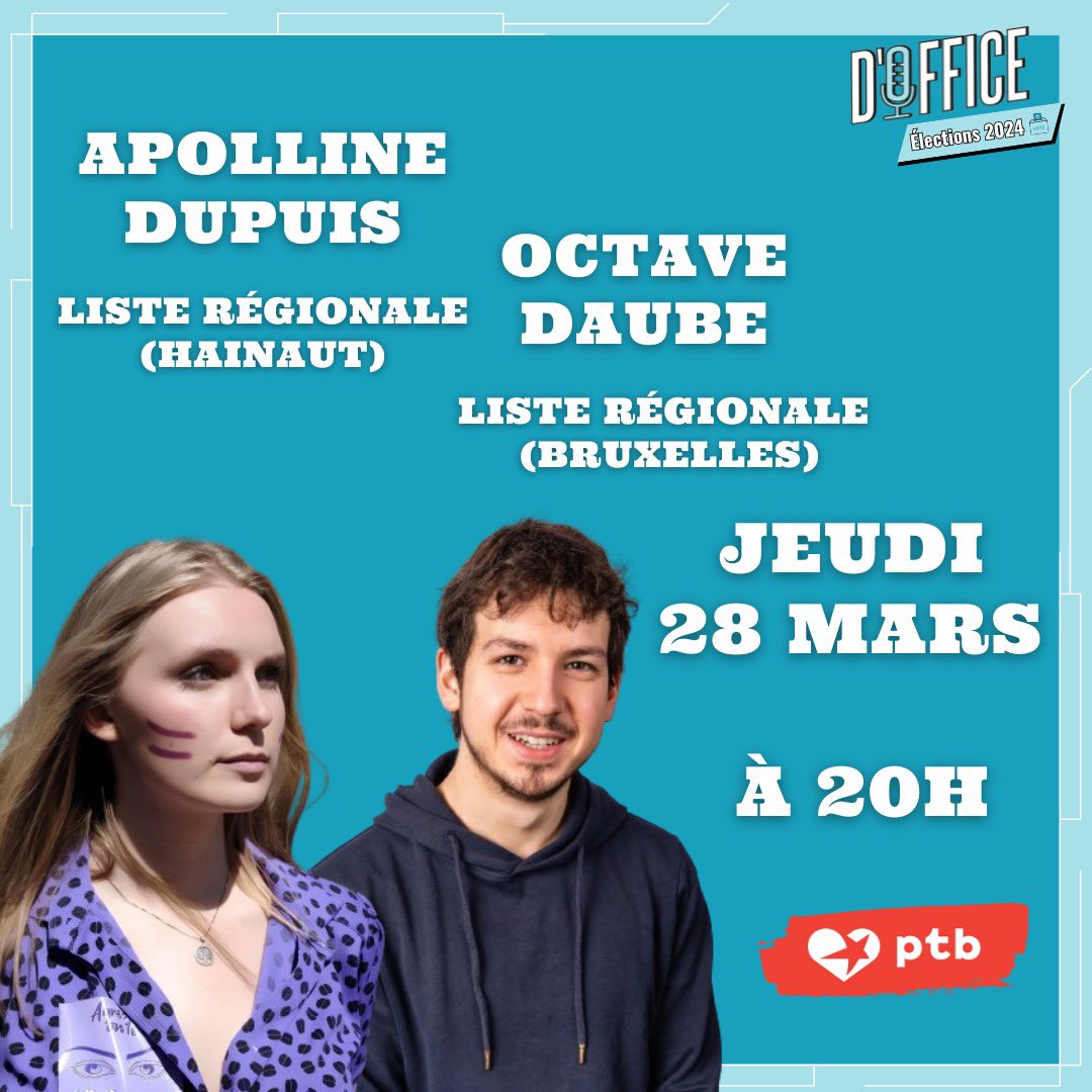 On se retrouve ce soir pour notre deuxième émission spéciale élections ! On accueillera <a href="/DupuisApolline/">Apolline Dupuis</a> et <a href="/DaubeOctave/">Octave Daube</a>, canditat•e•s sur les listes du PTB.

#twitch #Elections2024