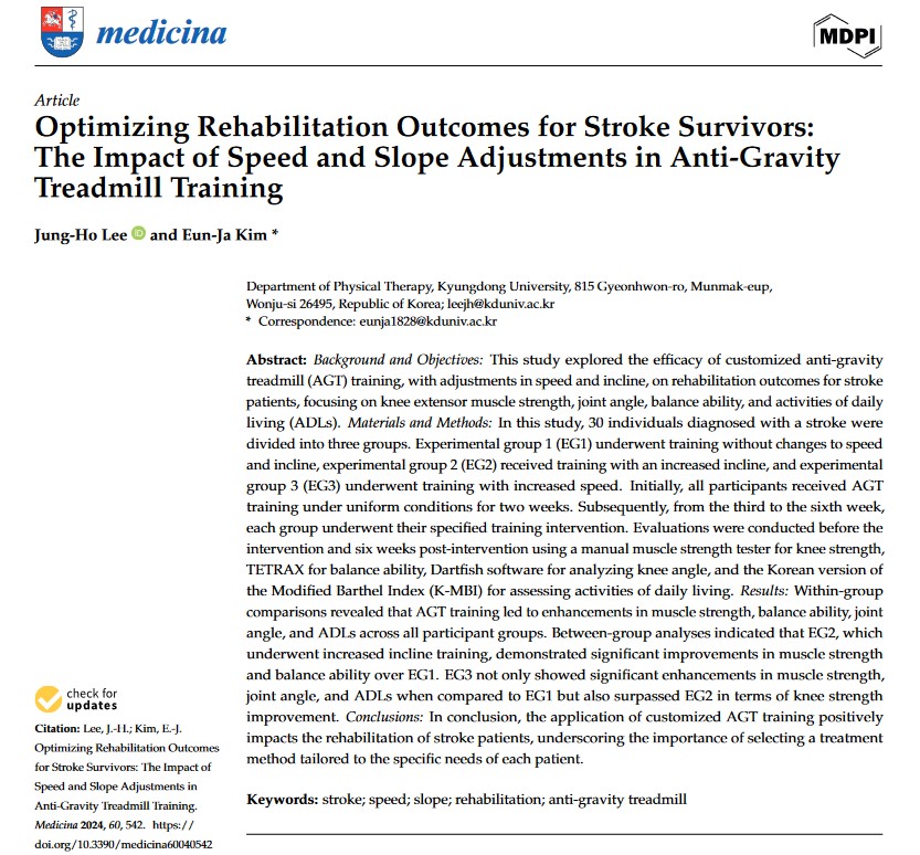 #mdpiMedicina - Paper Published in Special Issue 💡Optimizing #Rehabilitation Outcomes for #Stroke Survivors: The Impact of Speed and Slope Adjustments in Anti-Gravity Treadmill Training ✍️By Jung-Ho Lee and Eun-Ja Kim. 📷mdpi.com/1648-9144/60/4… SI: mdpi.com/journal/medici…