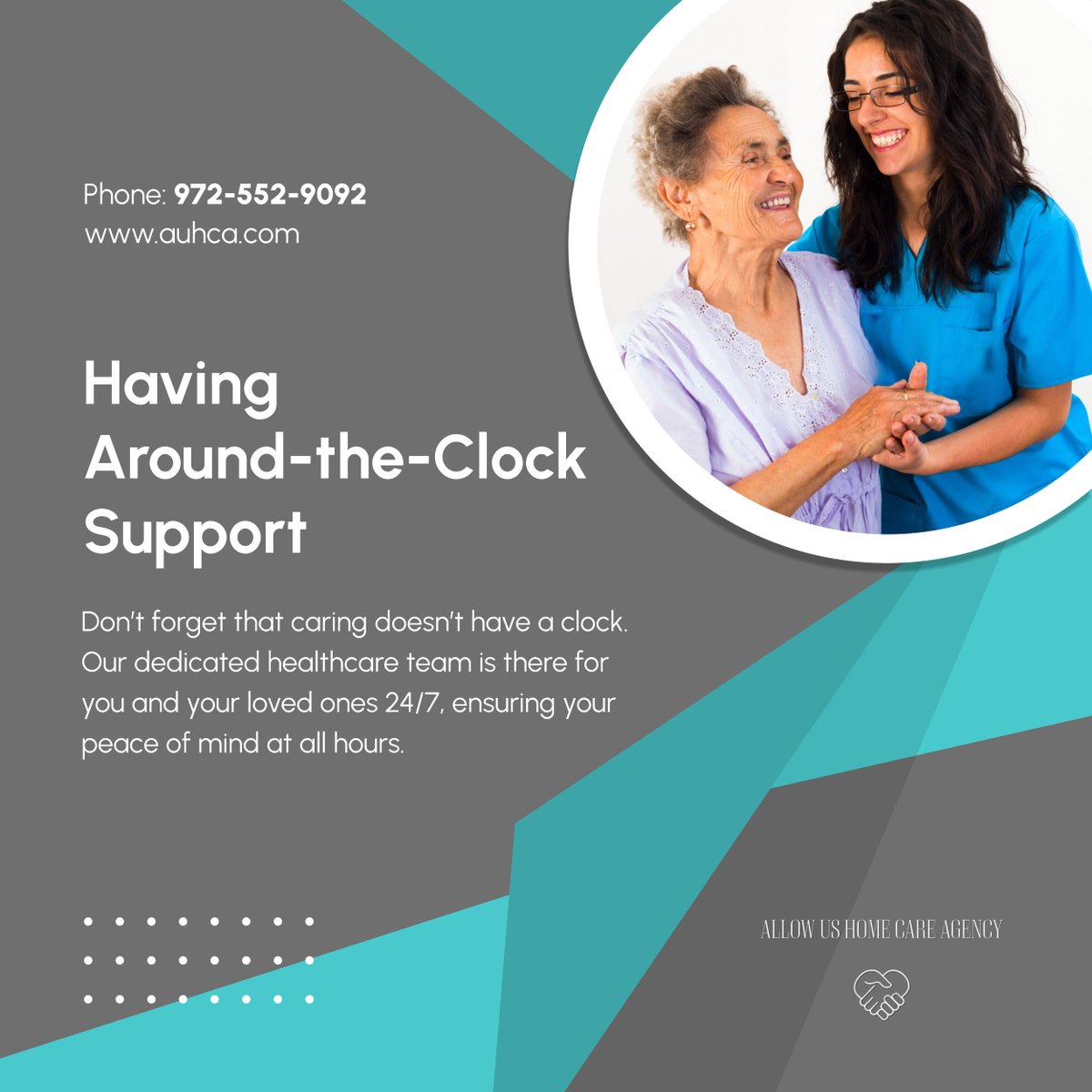 Our healthcare team’s around-the-clock availability ensures that you and your loved ones receive continual care and attention, offering peace of mind 24/7 for your family. 

#QualityCare #RoundTheClockCare #HomeCare