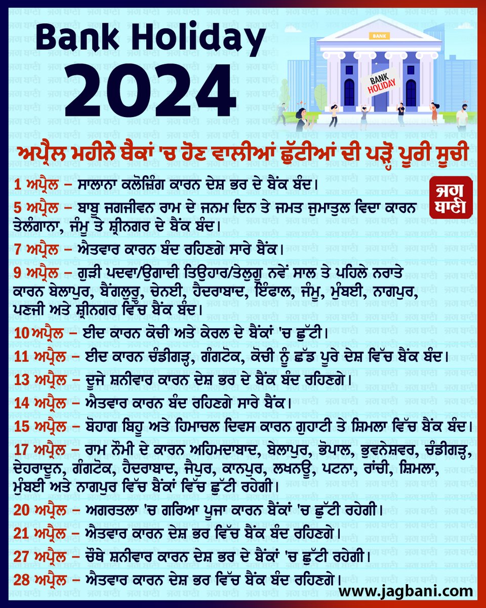 JagbaniOnline's tweet photo. Bank Holiday 2024
ਅਪ੍ਰੈਲ ਮਹੀਨੇ ਬੈਂਕਾਂ 'ਚ ਹੋਣ ਵਾਲੀਆਂ ਛੁੱਟੀਆਂ ਦੀ ਪੜ੍ਹੋ ਪੂਰੀ ਸੂਚੀ
#BankHoliday #Complete #UrgentWork #April #Month #14Days #Closed #Country #Bank #Quickly #BankHoliday2024 #AprilMonth #AprilBankHoliday https://t.co/sOPkz5llBH