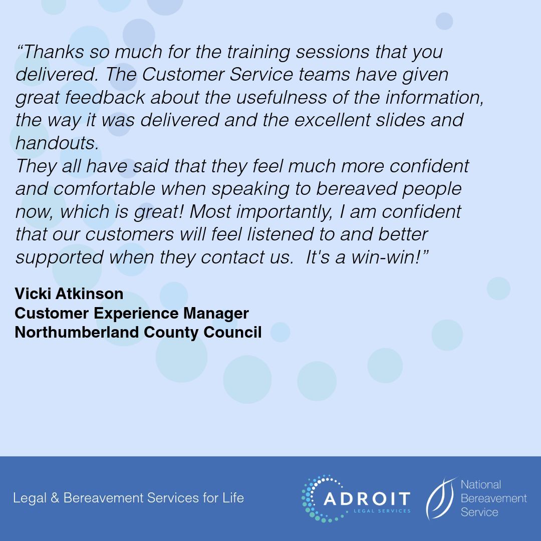 💬 The National Bereavement Service recently delivered professional bereavement training to Customer Service teams from Northumberland County Council. 📌Ask us about professional grief & bereavement training for your organisation: buff.ly/3qvC79G
