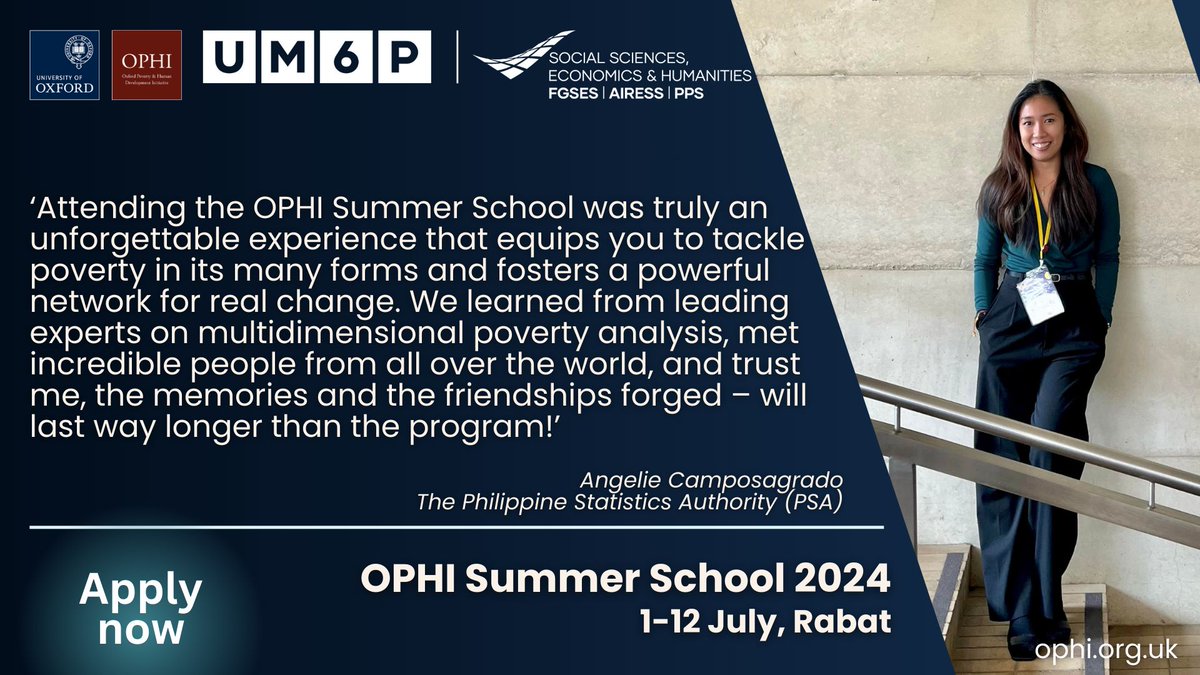 We are delighted to share Angelie's testimonial on the profound impact of our programme. @PSAgovph Be a part of multidimensional poverty reduction for #SDG 1.2.2 and apply to the OPHI Summer School 2024. @FGSES_UM6P 1-12 July 2024 Rabat, Morocco ophi.org.uk/event/ophi-sum…