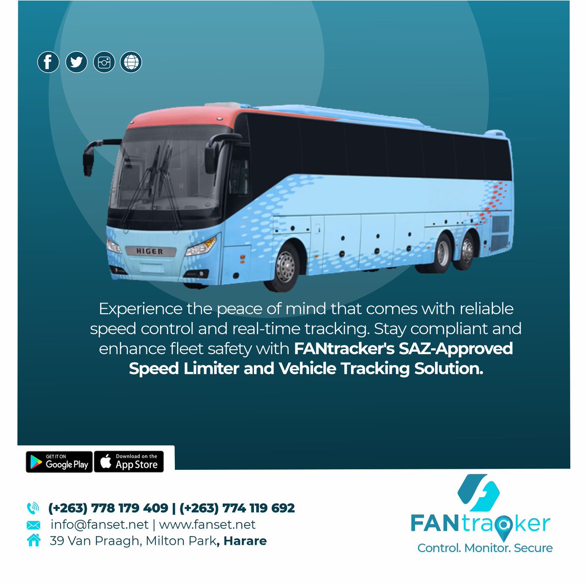 Experience the peace of mind that comes with reliable Speed Control & real time -tracking. Stay compliant & enhance fleet safety with FANtracker 'SAZ-Approved Speed Limiter and Vehicle Tracking Solution! Contact: +263778179409 / 0774119692 #Fantracker #Fuelmonitoring #Tracking