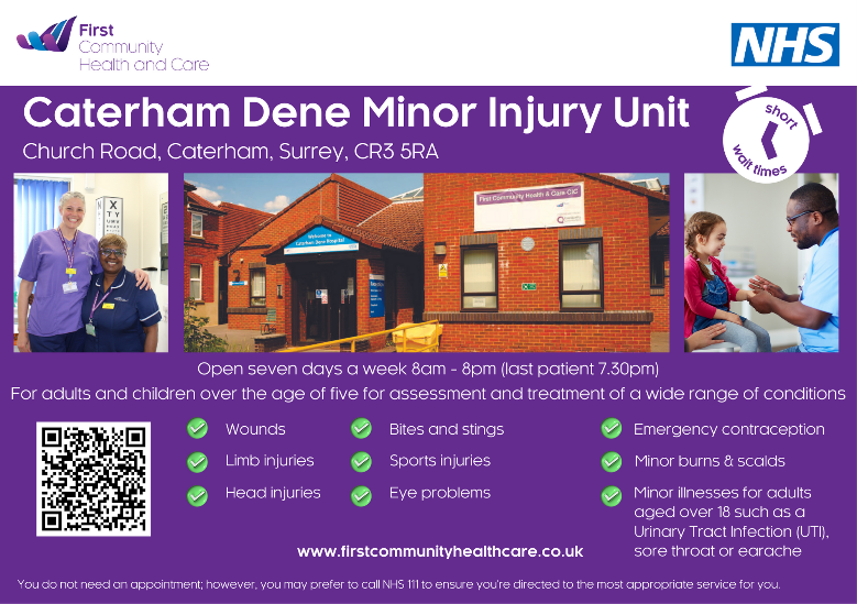 Caterham Dene Minor Injury Unit is open 7 days a week from 8am – 8pm (last patient 7.30pm) and is available for adults and children over the age of 5. Our MIU provides diagnosis and treatment for a range of conditions and injuries. For more info visit: ow.ly/pviZ50QZtau
