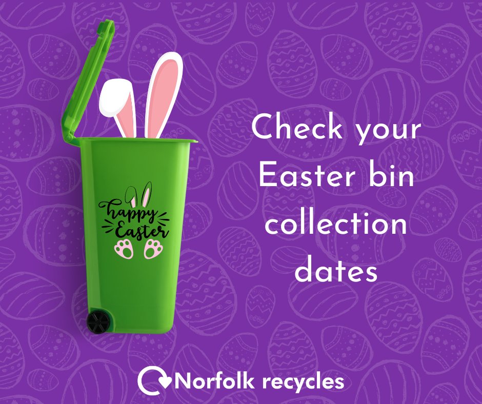 Bin collection days may differ over the Easter period.🐣 Check your collection dates over on our website. 👉 norfolkrecycles.com/easter