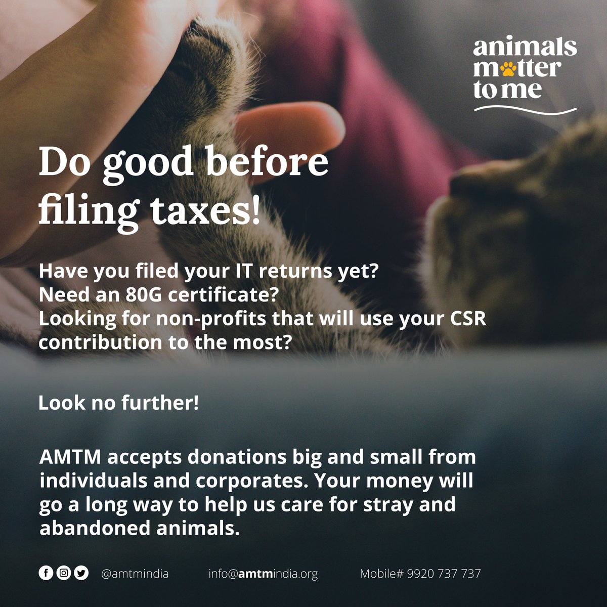 Support AMTM's cause and secure your 80G certificate before the #financial year closes! Whether you've already contributed or are planning to, your #donation makes a difference. Donate today and reach out to us to receive tax benefits while helping animals in need. #ngo