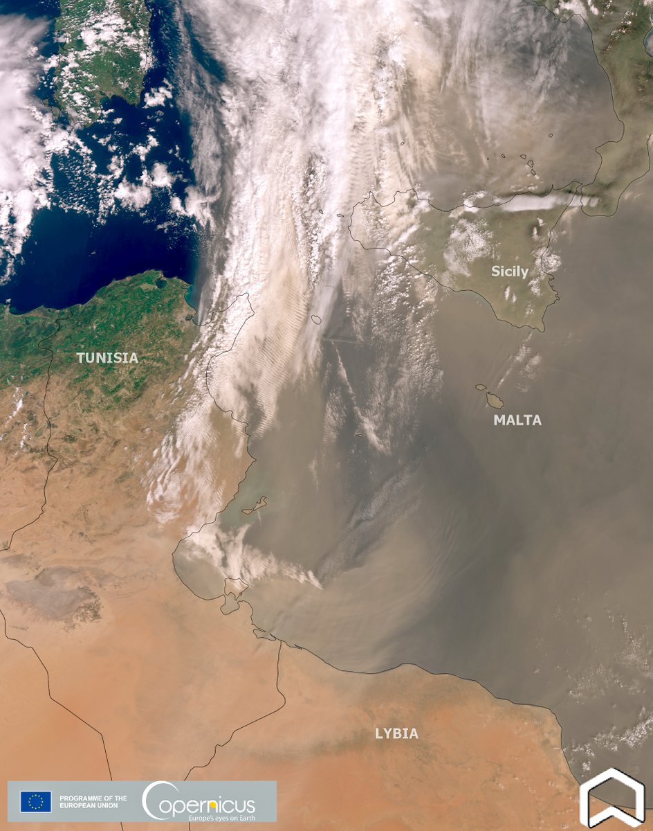 Italy under a huge #Saharandust transport. #Copernicus #Sentinel3 collected on March 28 shows the dust from #Africa heading to #Malta, #Sicily and S. #Italy. Cieli giali sull'#Italia, dove insieme alle nuvole arriva la sabbia del deserto. #Sicilia #Airquality @Giulio_Firenze