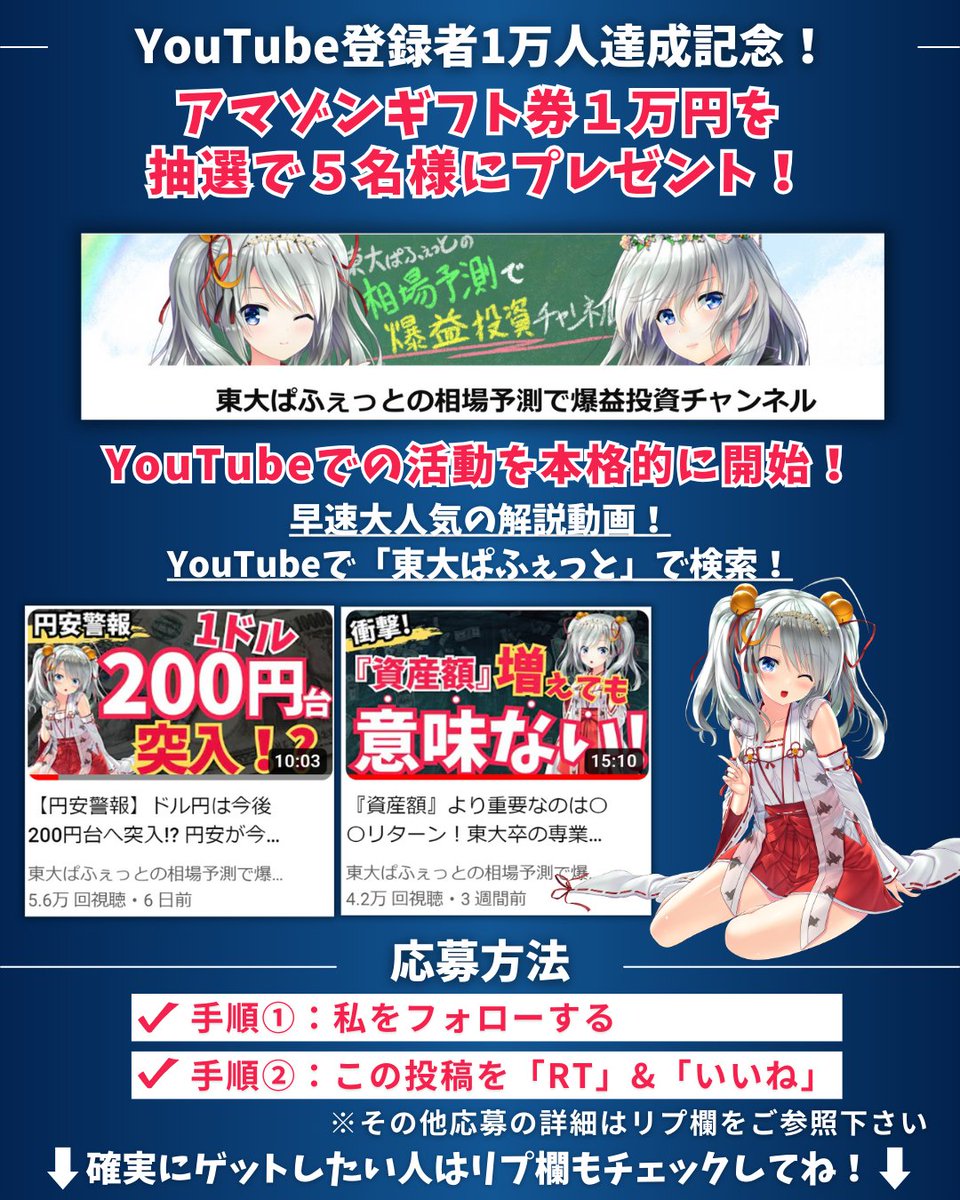 【アマゾンギフト券、特別プレゼント企画！】

🎉✨YouTube登録者1万人達成✨🎉

～アマゾンギフト券を抽選で5名様にプレゼント！～

今月から、YouTubeでの活動を本格的に開始しました！