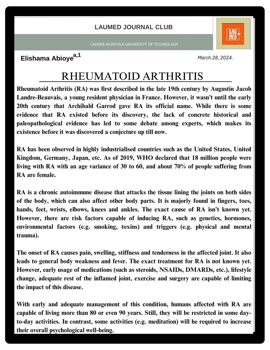 LaumedC's tweet photo. LAUMED Journal Club Weekly Publication
#Rheumatoid #arthritis #laumedjc #journalclub https://t.co/gPm8gi9QOC